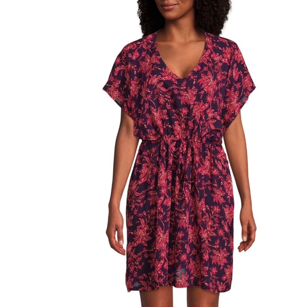 Lands' End Kaftan Mini  Dress M/L Purple Floral Drawstring Modal‎ Beach Cover